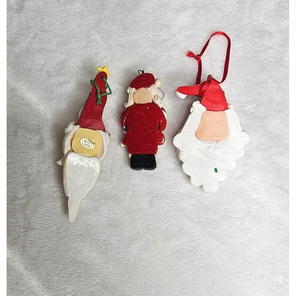 Santa Claus Clay Ornaments Set of 3 Red White Handcrafted Christmas